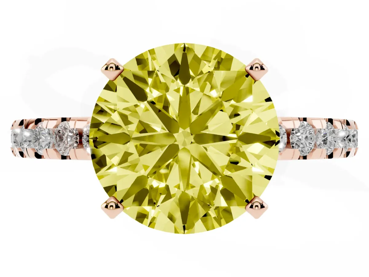 Fancy Yellow Round Cut Diamond Solitaire Ring with Round Pavé Band and Four-Prong Setting Rose gold
