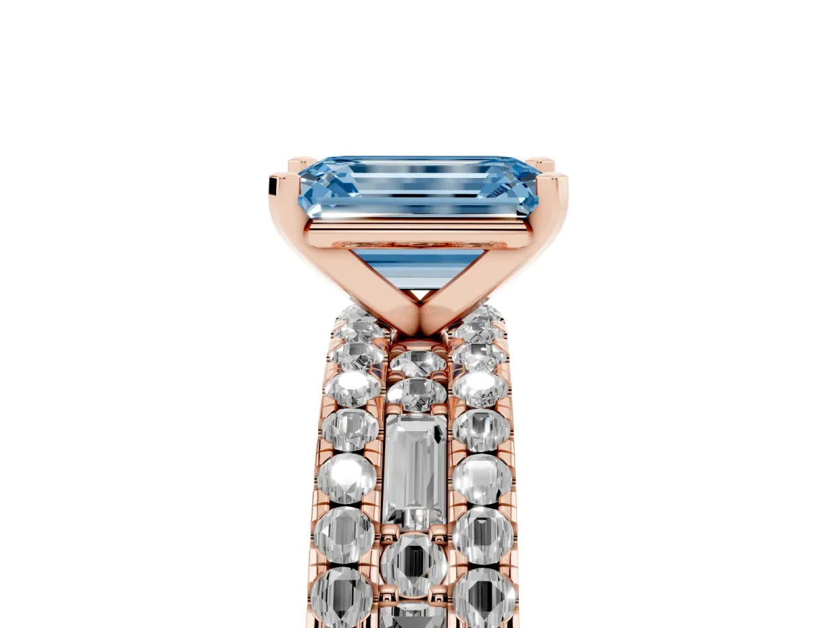 Fancy Blue Emerald Cut Diamond Solitaire Ring with Pavé and Channel Set Band Rose gold