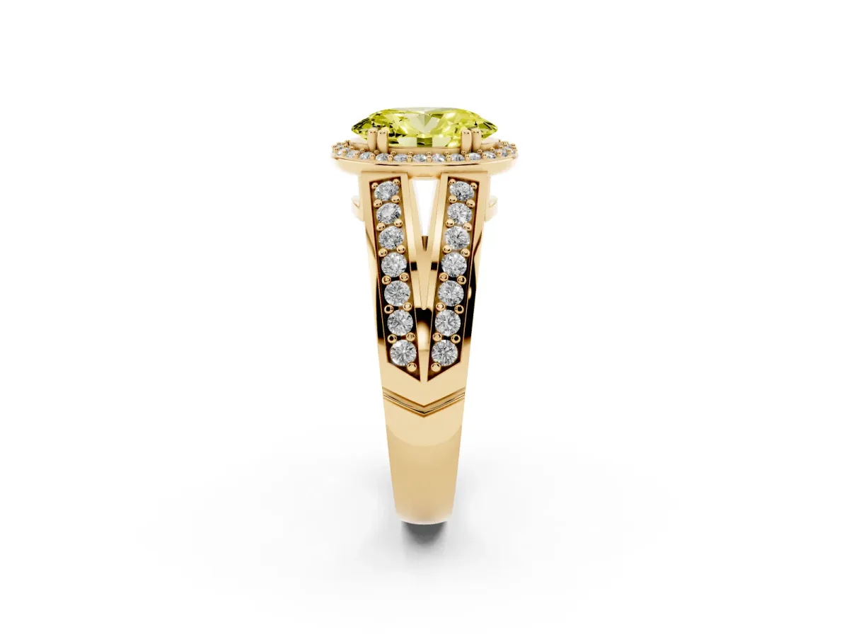 Fancy Yellow Oval Cut Diamond Halo Ring with Split Shank Pavé Band and Four-Prong Setting Yellow gold