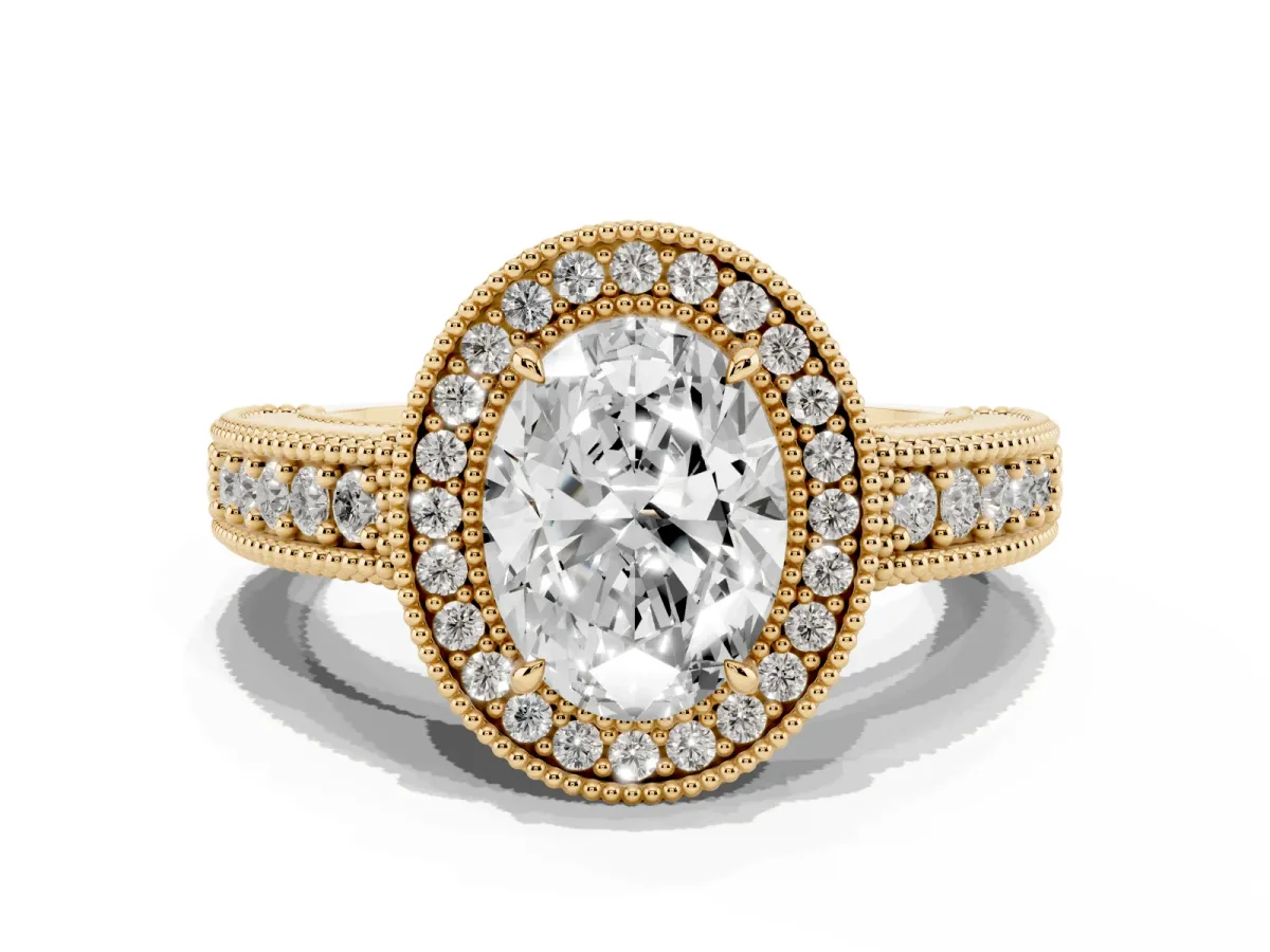 Oval Cut Cut Halo Diamond Ring with Pavé Band and Four-Prong Setting Yellow gold
