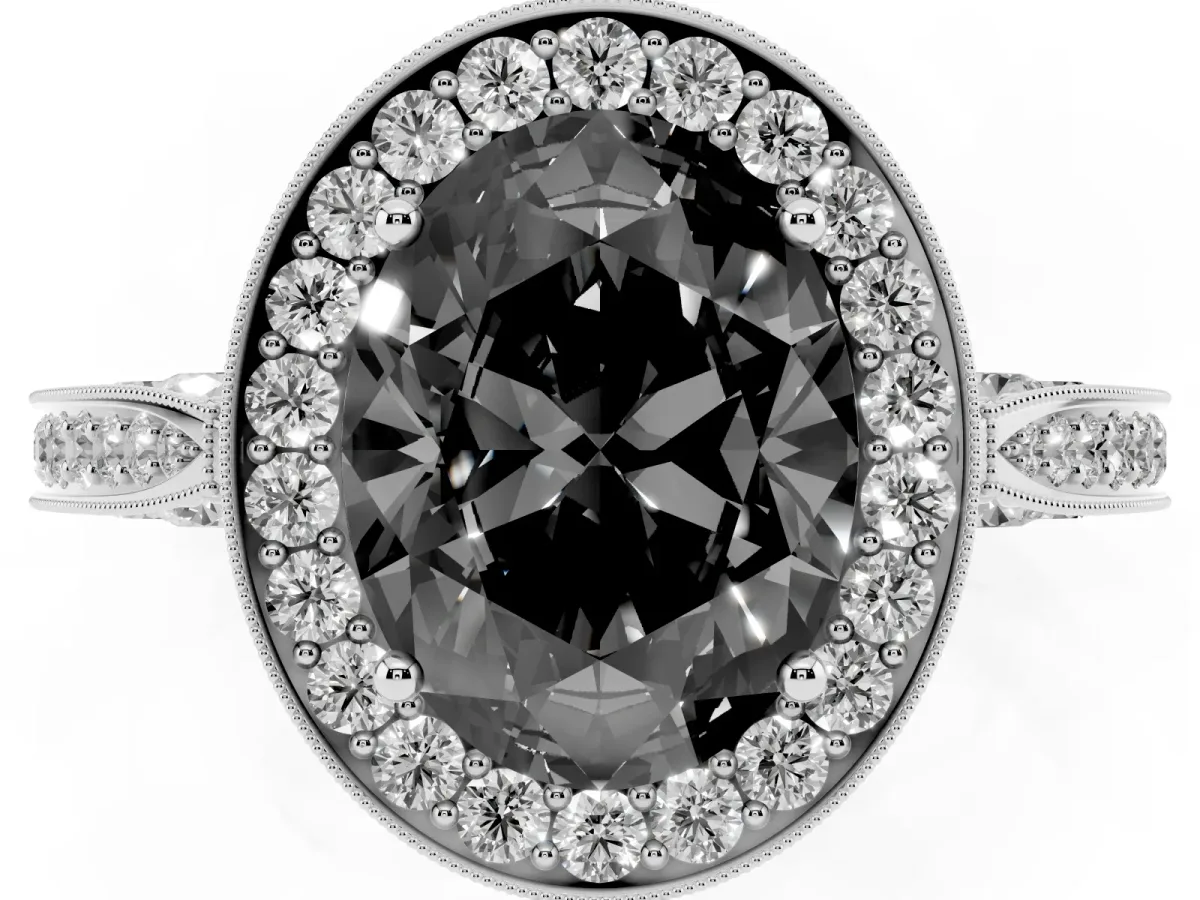 Fancy Black Oval Cut Halo Diamond Engagement Ring with Split Shank Band and Four-Prong Setting Silver