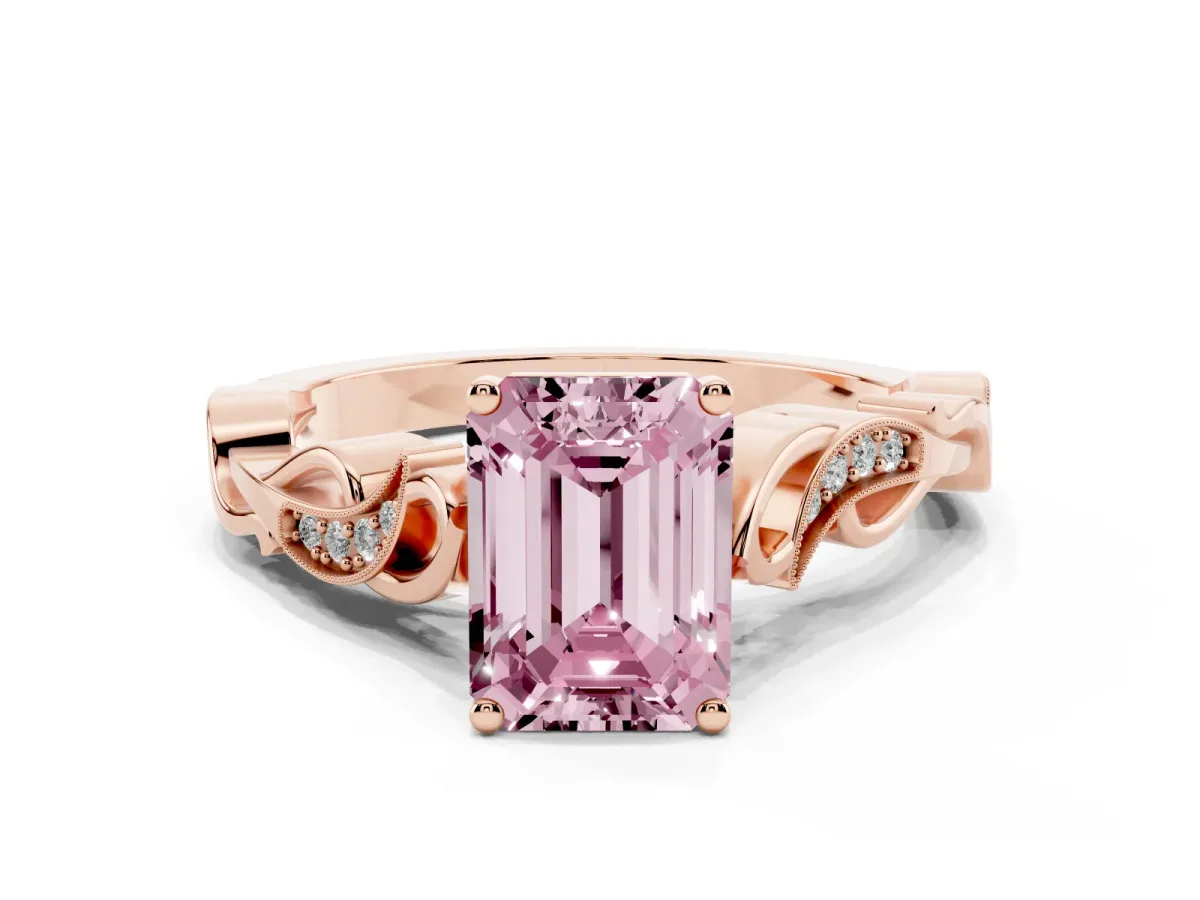 Fancy Pink Emerald Cut Solitaire Vine Band with Milgrain Prong Setting Rose gold
