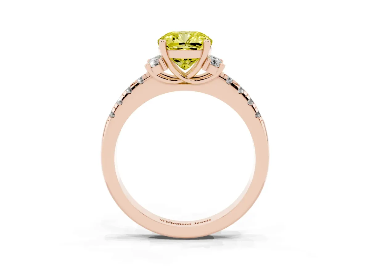 Fancy Yellow Cushion Cut Diamond Three-Stone Pave Band with Four-Prong Setting Rose gold