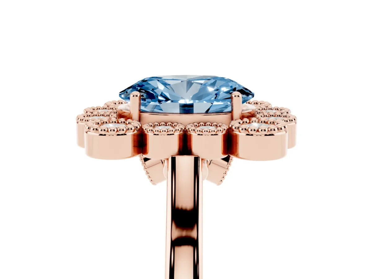 Fancy Blue Oval Cut Halo Diamond Cluster Engagement Ring with Milgrain Bezel Setting and Solitaire Band Rose gold
