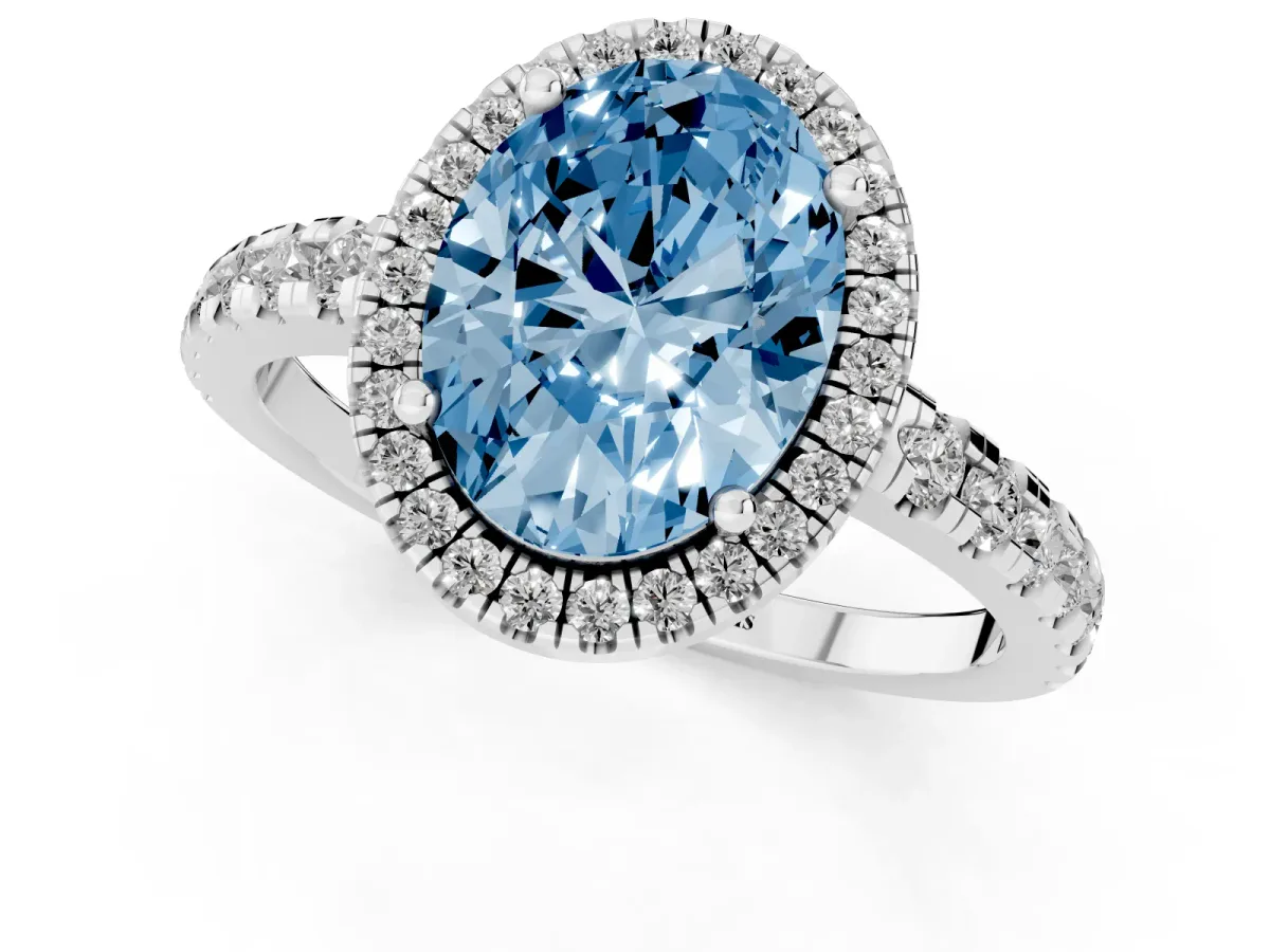 Fancy Blue Oval Cut Diamond Halo Ring with Pavé Band and Four-Prong Setting White gold