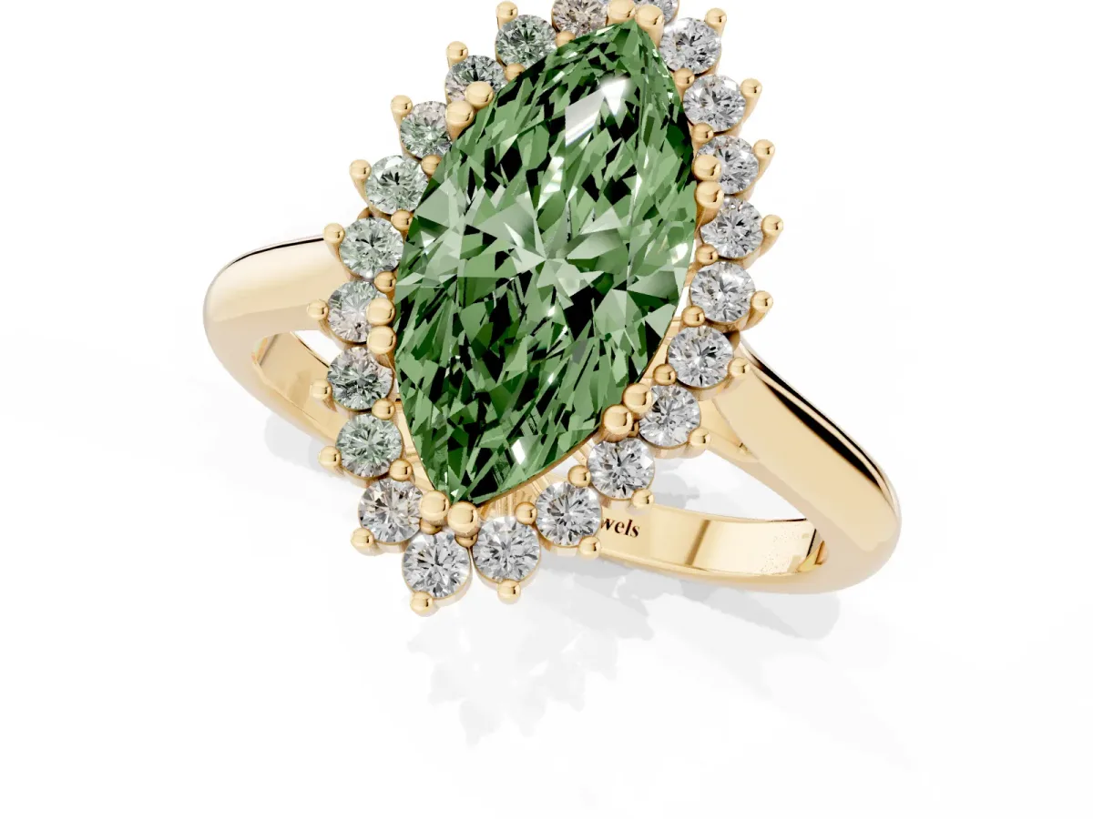 Fancy Green Marquise Cut Cut Diamond Halo Ring with Solitaire Band and Prong Setting Yellow gold