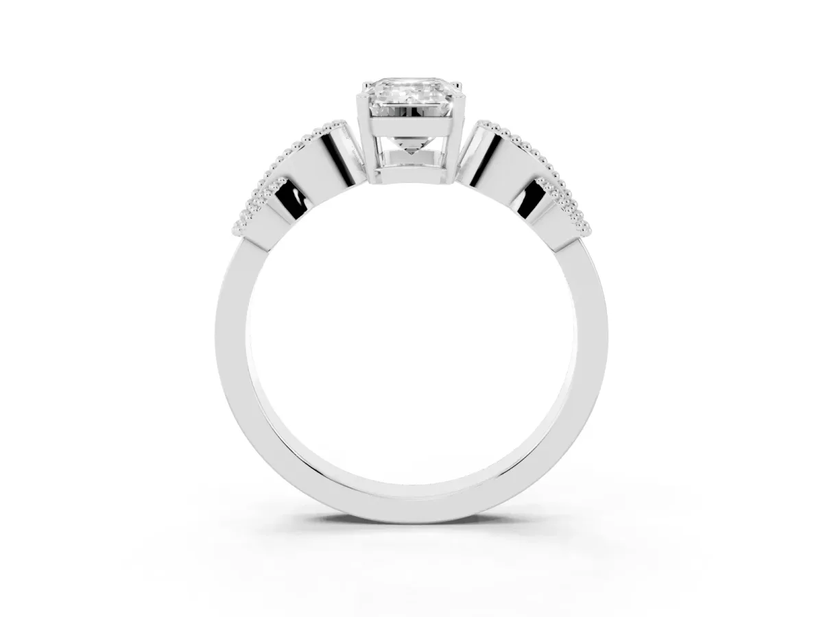 Emerald Cut Solitaire Milgrain Leaf Band with Prong Setting Silver