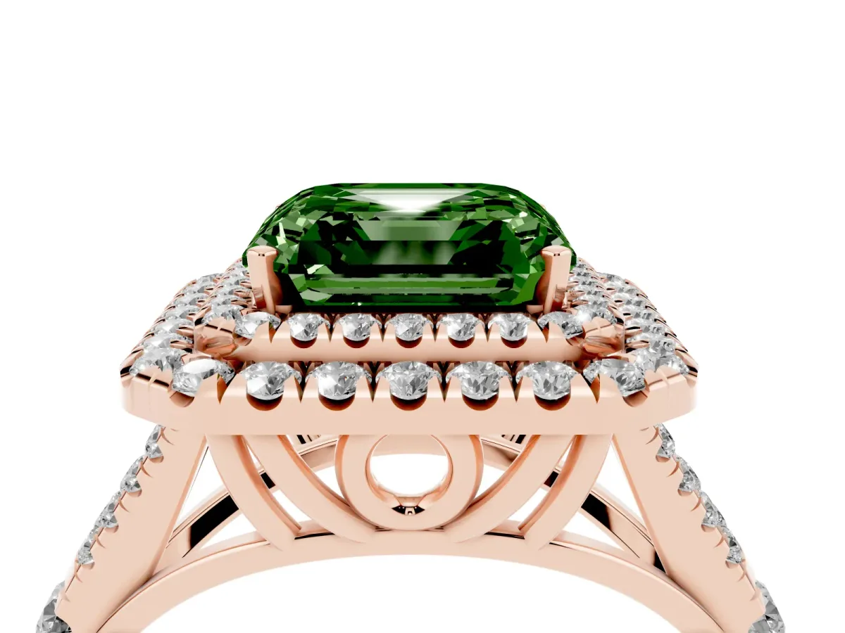 Fancy Green Asscher Cut Cut Double Halo Split Shank Diamond Ring with Prong Setting Rose gold