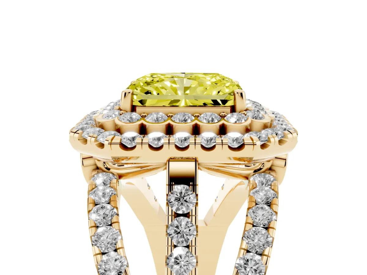 Fancy Yellow Radiant Cut Diamond Double Halo Ring with Round Pavé Split Shank and Prong Setting Yellow gold