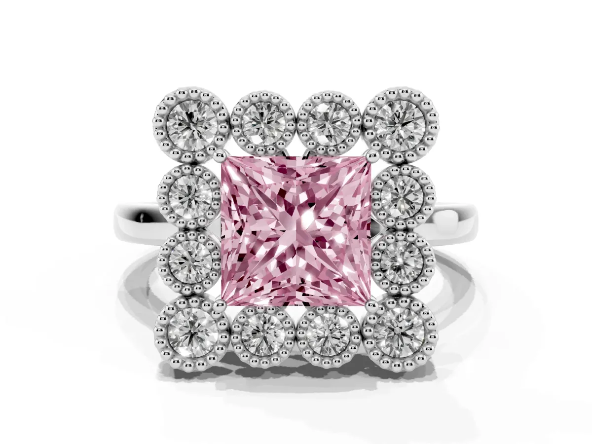 Fancy Pink Princess Cut Halo Diamond Cluster Engagement Ring with Milgrain Bezel Setting and Solitaire Band Platinum
