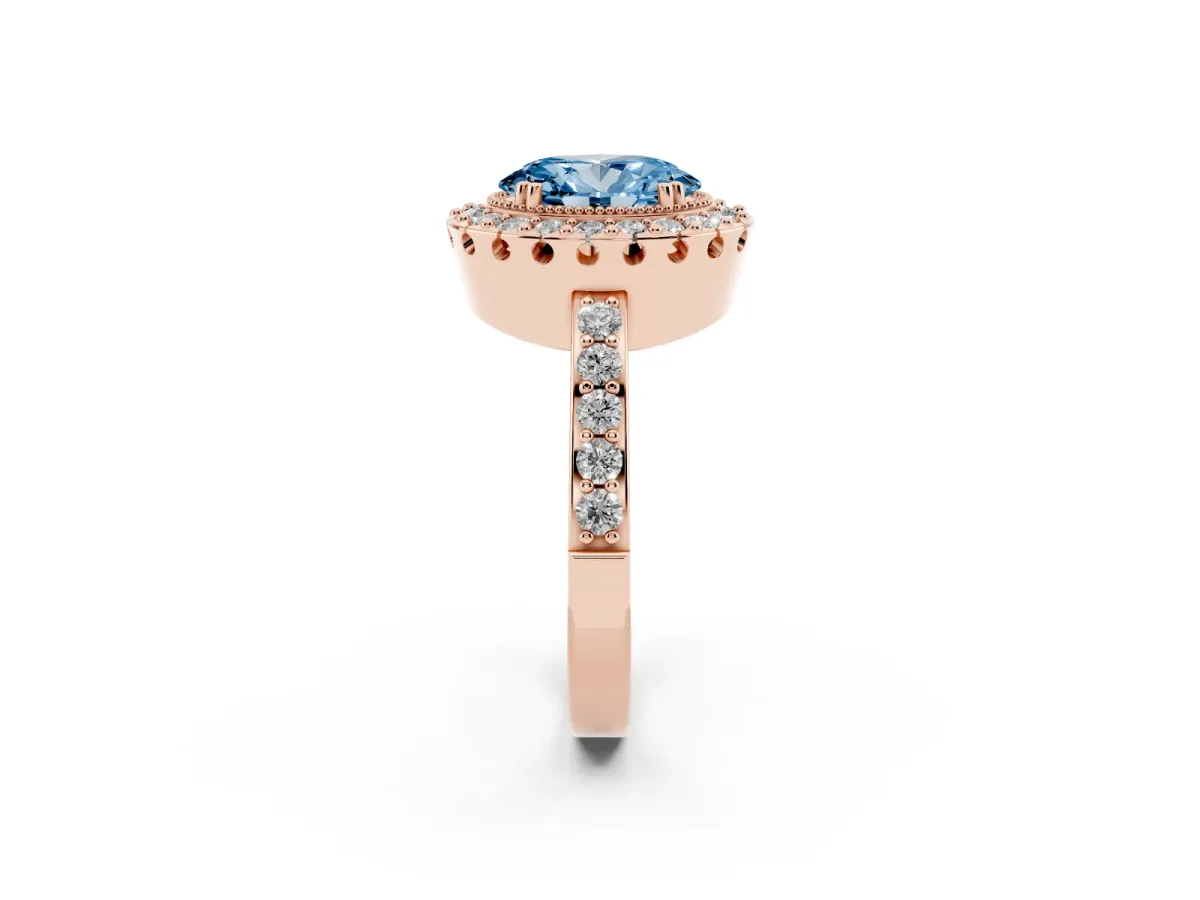 Fancy Blue Oval Cut Diamond Halo Ring with Pavé Band and Prong Setting Rose gold