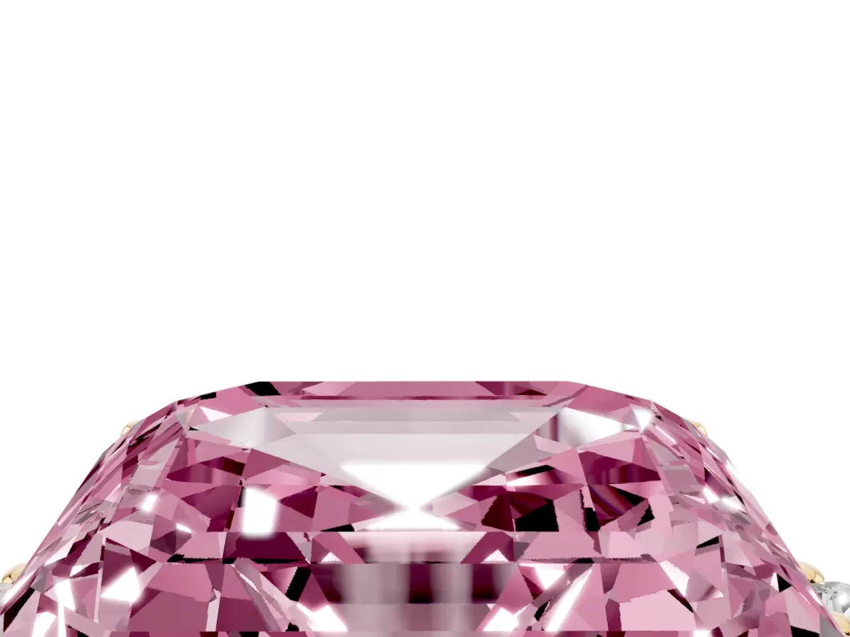 Fancy Pink Asscher Cut Cut Three-Stone Solitaire Ring with Round Accent Diamonds and Four-Prong Setting Yellow gold
