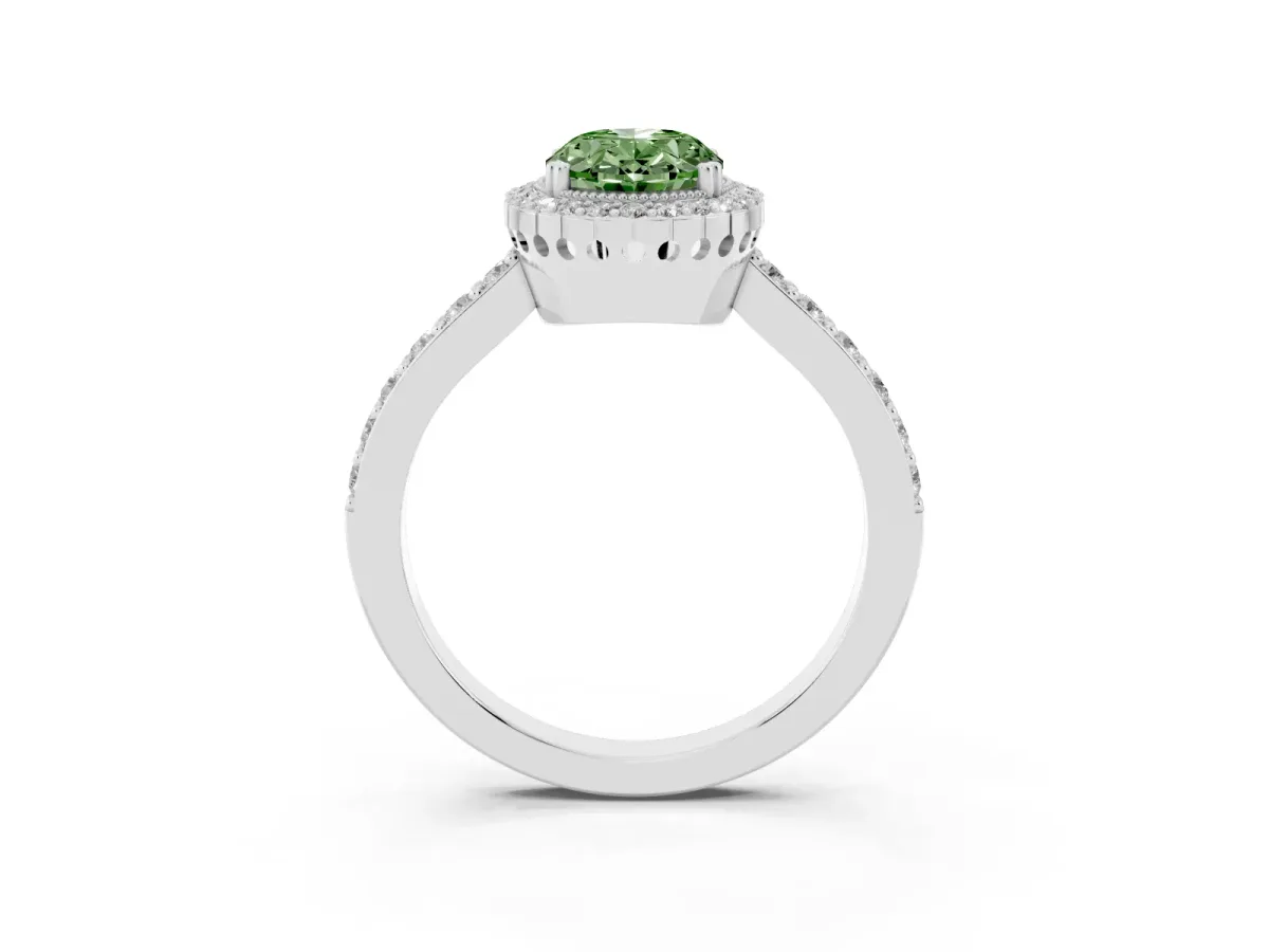 Fancy Green Oval Cut Cut Diamond Halo Engagement Ring with Milgrain Detail and Pavé Band Silver