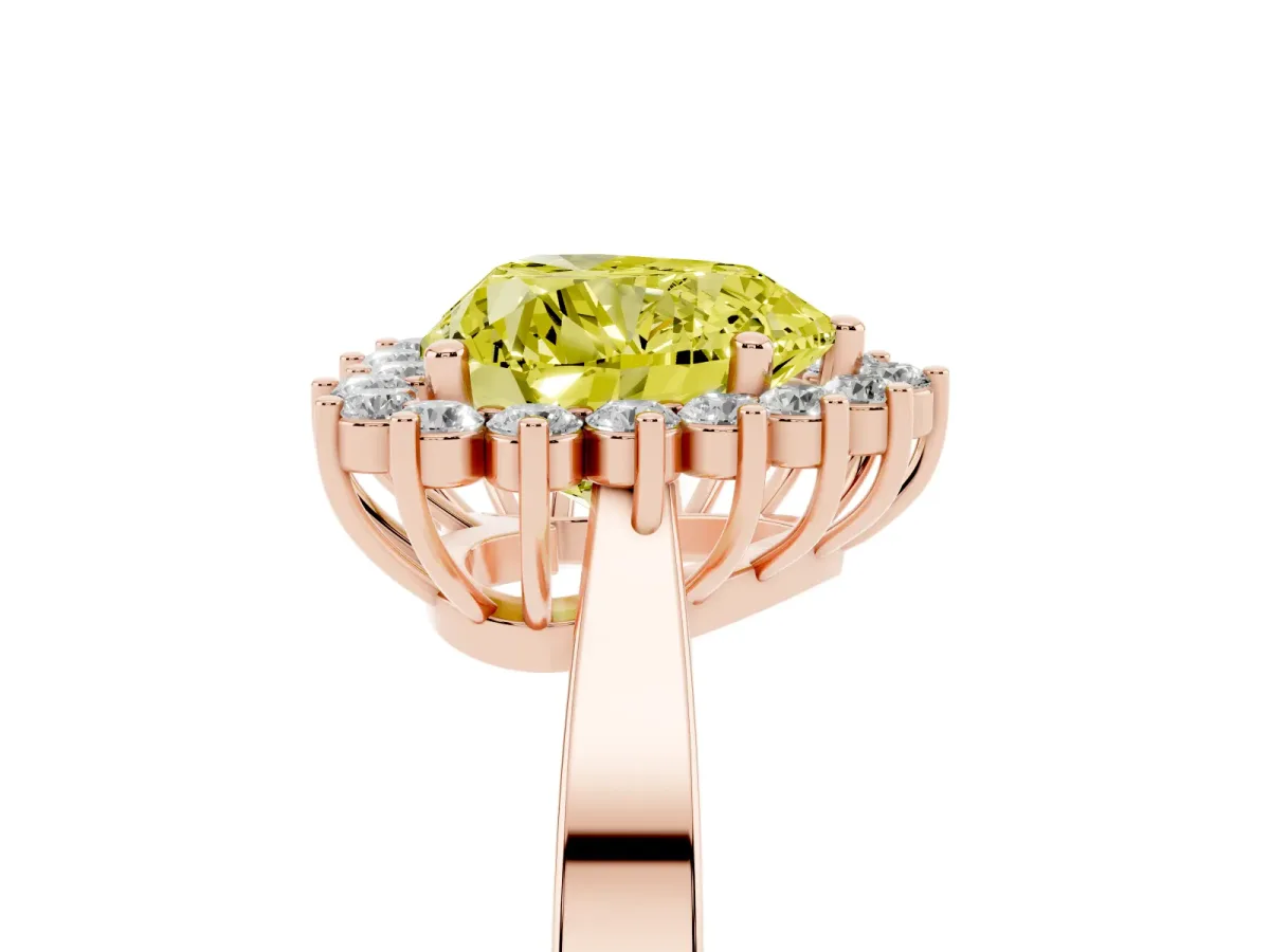 Fancy Yellow Heart Cut Cut Diamond Halo Ring with Round Brilliant Halo and Solitaire Band Rose gold