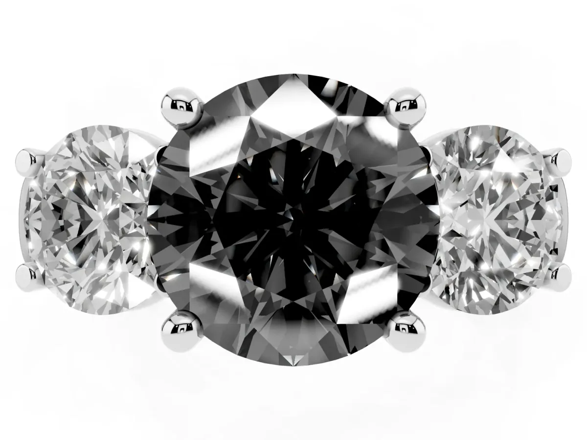 Fancy Black Three-Stone Round Cut Brilliant Diamond Trellis Ring with Comfort Fit Band Platinum