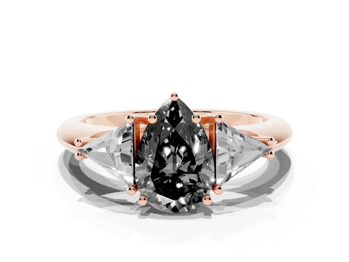 Fancy Black Three-Stone Pear Cut Diamond Engagement Ring with Trillion Side Stones and Prong Setting Rose gold