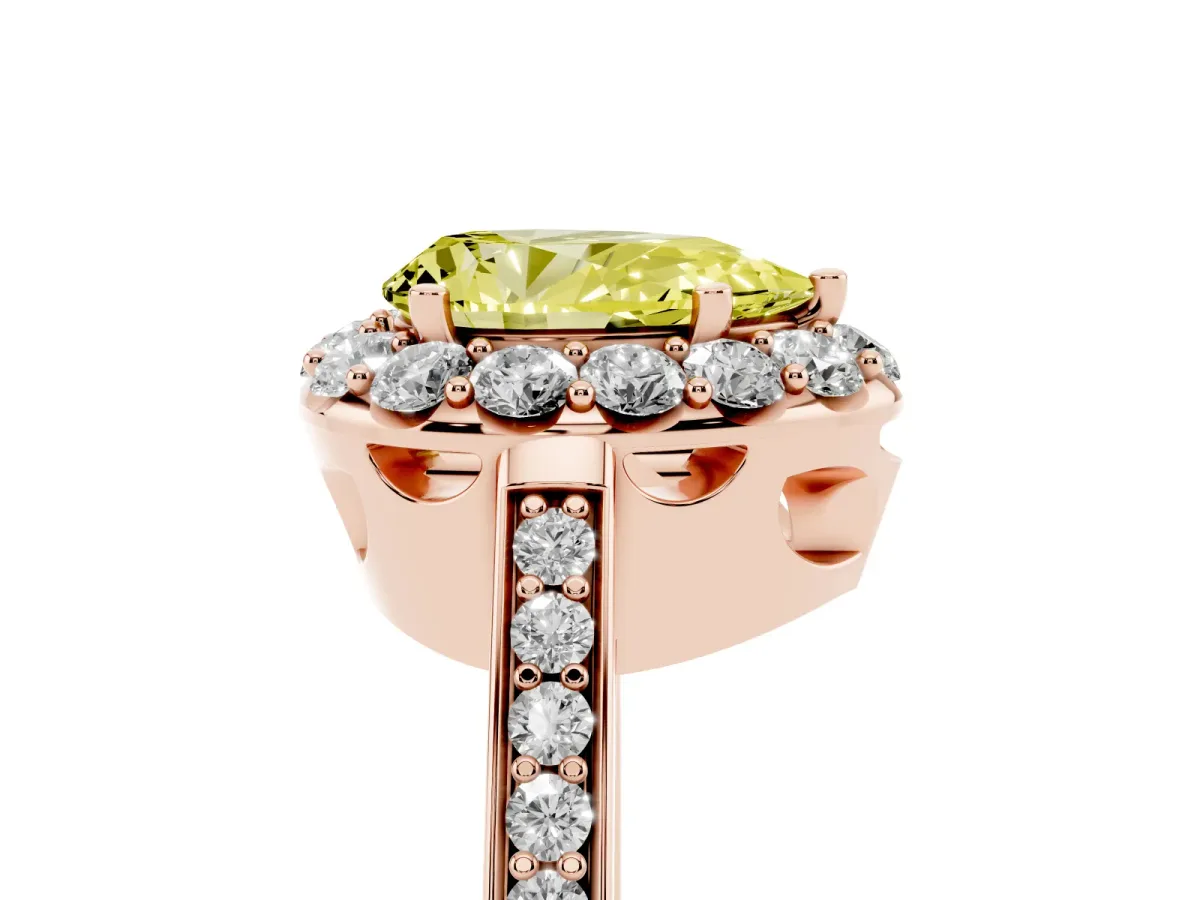 Fancy Yellow Pear Cut Diamond Floral Halo Ring with Pavé Band and Prong Setting Rose gold