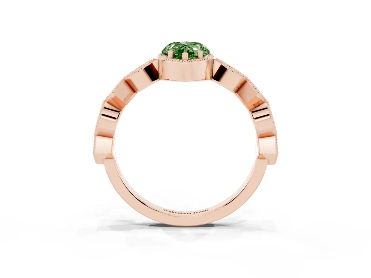 Fancy Green Pear Cut Milgrain Marquise Diamond Twist Band Ring Rose gold
