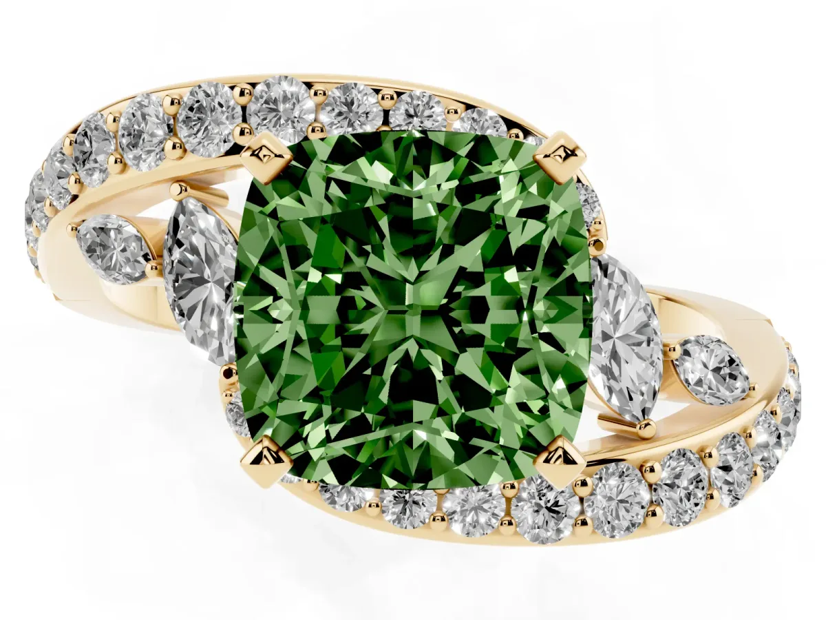Fancy Green Cushion Cut Solitaire with Pavé Twist Band and Four-Prong Setting Yellow gold