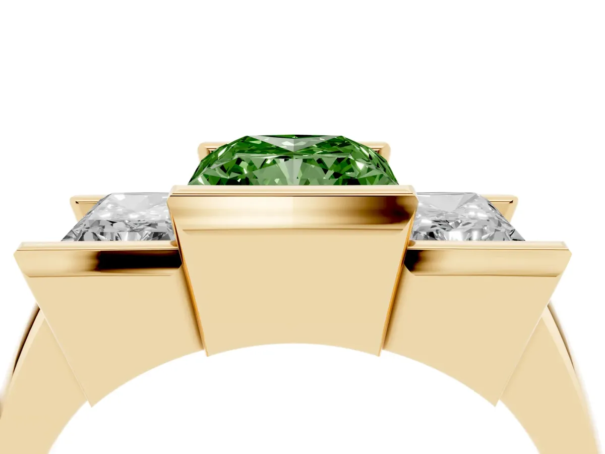 Fancy Green Three Stone Radiant Cut Cut Channel Set Diamond Ring Yellow gold