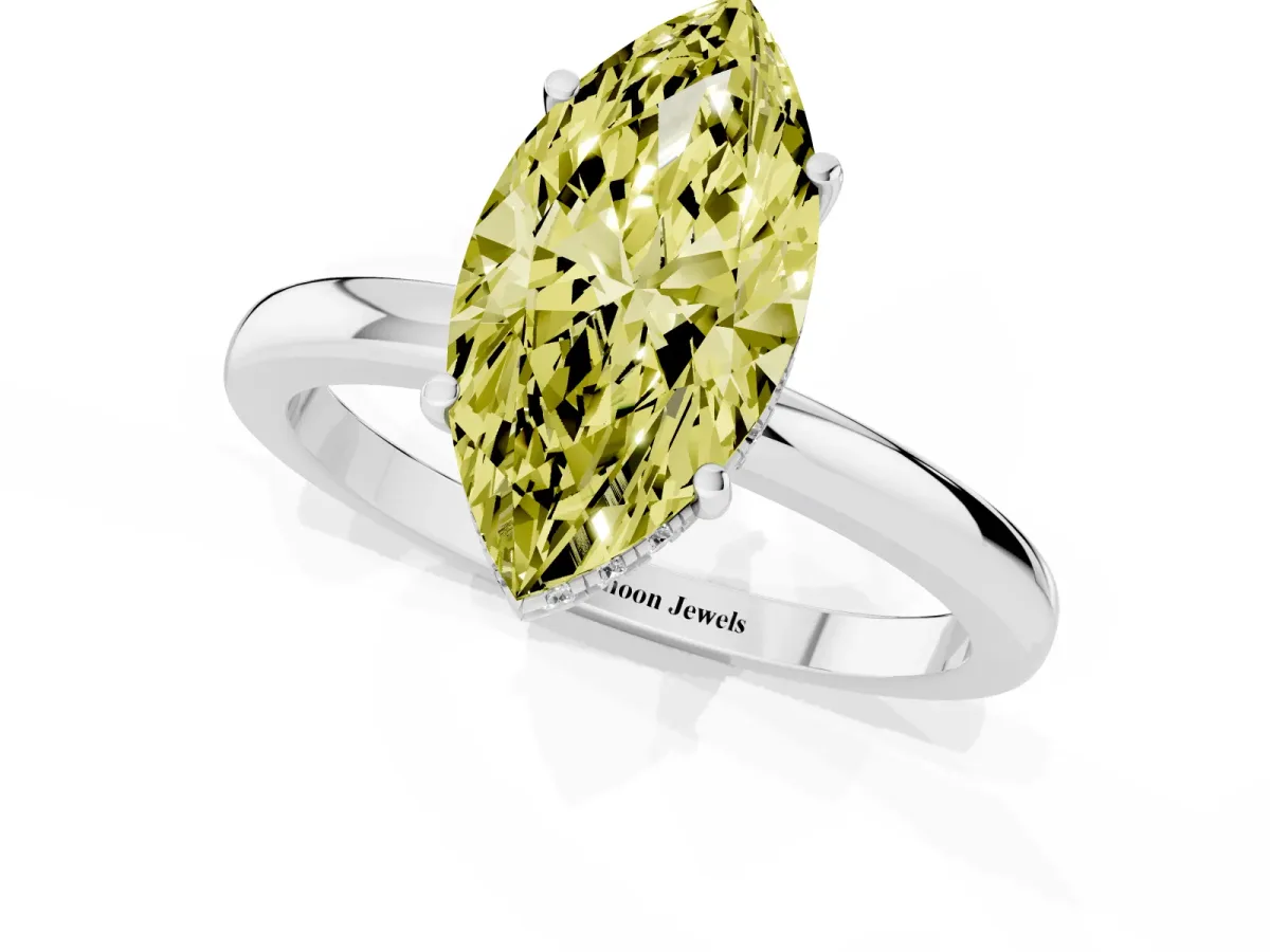 Fancy Yellow Marquise Cut Solitaire Diamond Ring with Prong Setting and Plain Band Silver
