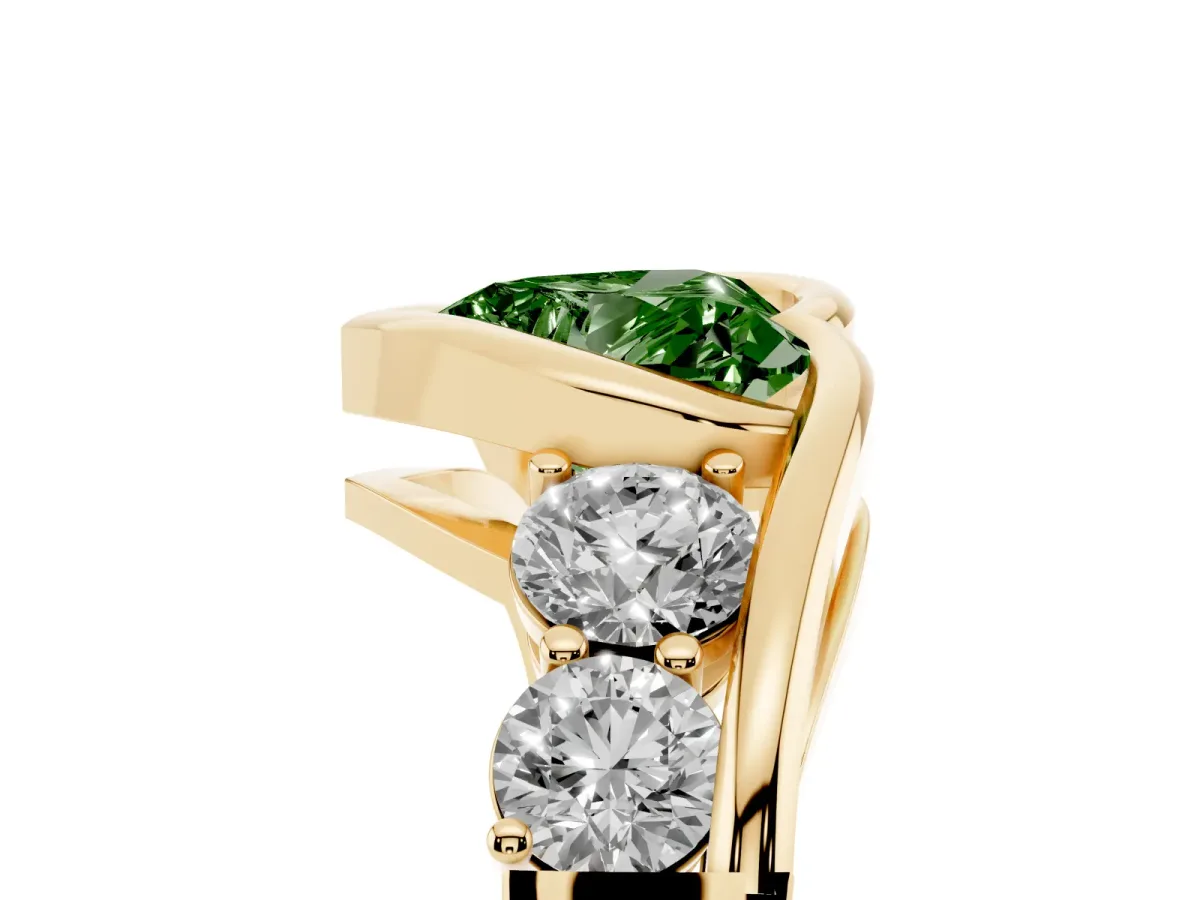 Fancy Green Bezel Set Heart Cut Diamond Bypass Ring with Round Accents Yellow gold