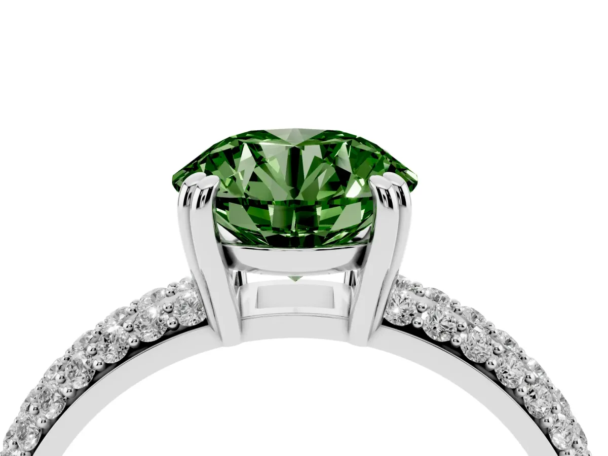 Fancy Green Round Cut Diamond Solitaire Ring with Multi-Row Round Pavé Band and Prong Setting Silver