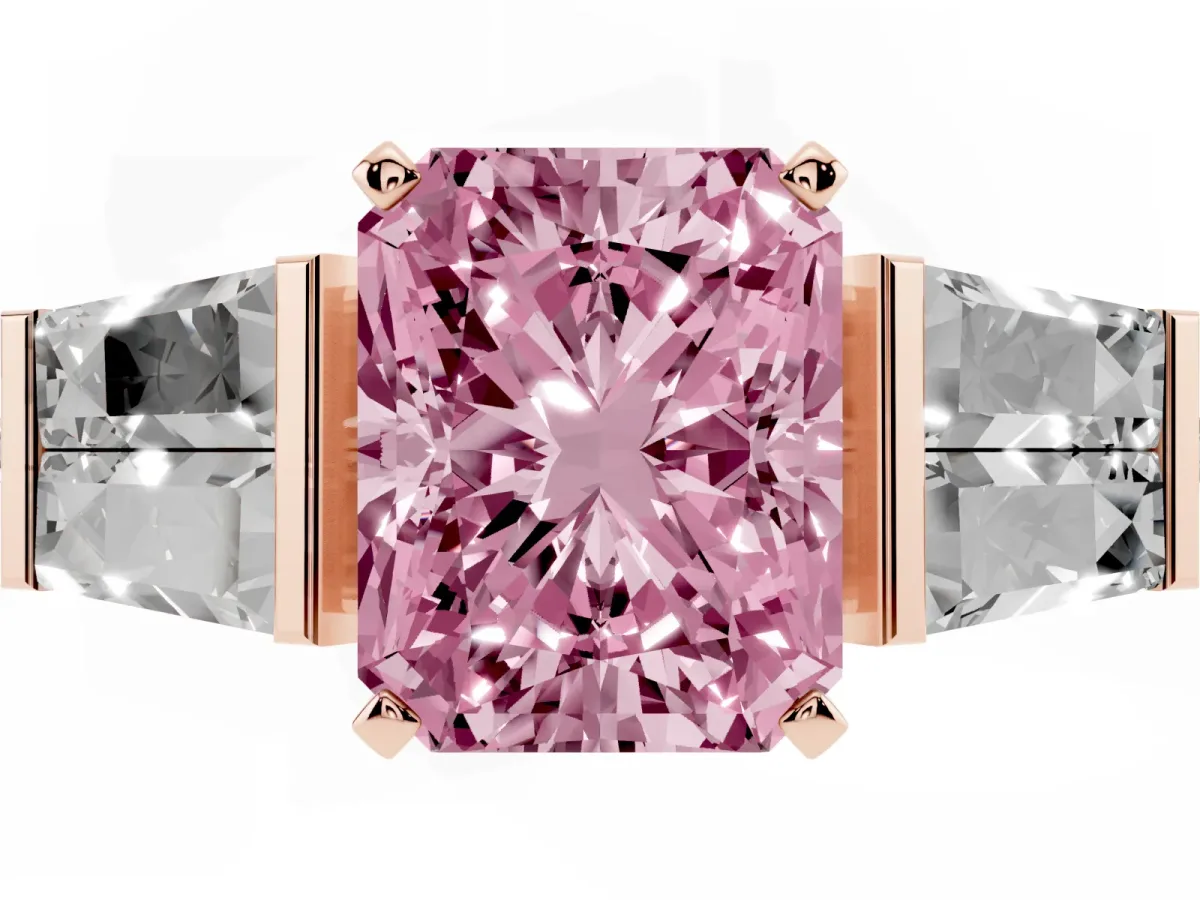 Fancy Pink Radiant Cut Diamond Engagement Ring with Baguette Side Stones and Channel Set Band Rose gold