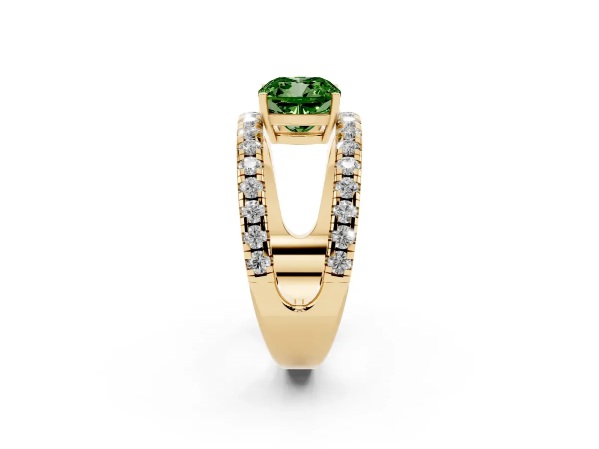Fancy Green Cushion Cut Solitaire Split Shank Pave Diamond Ring Yellow gold
