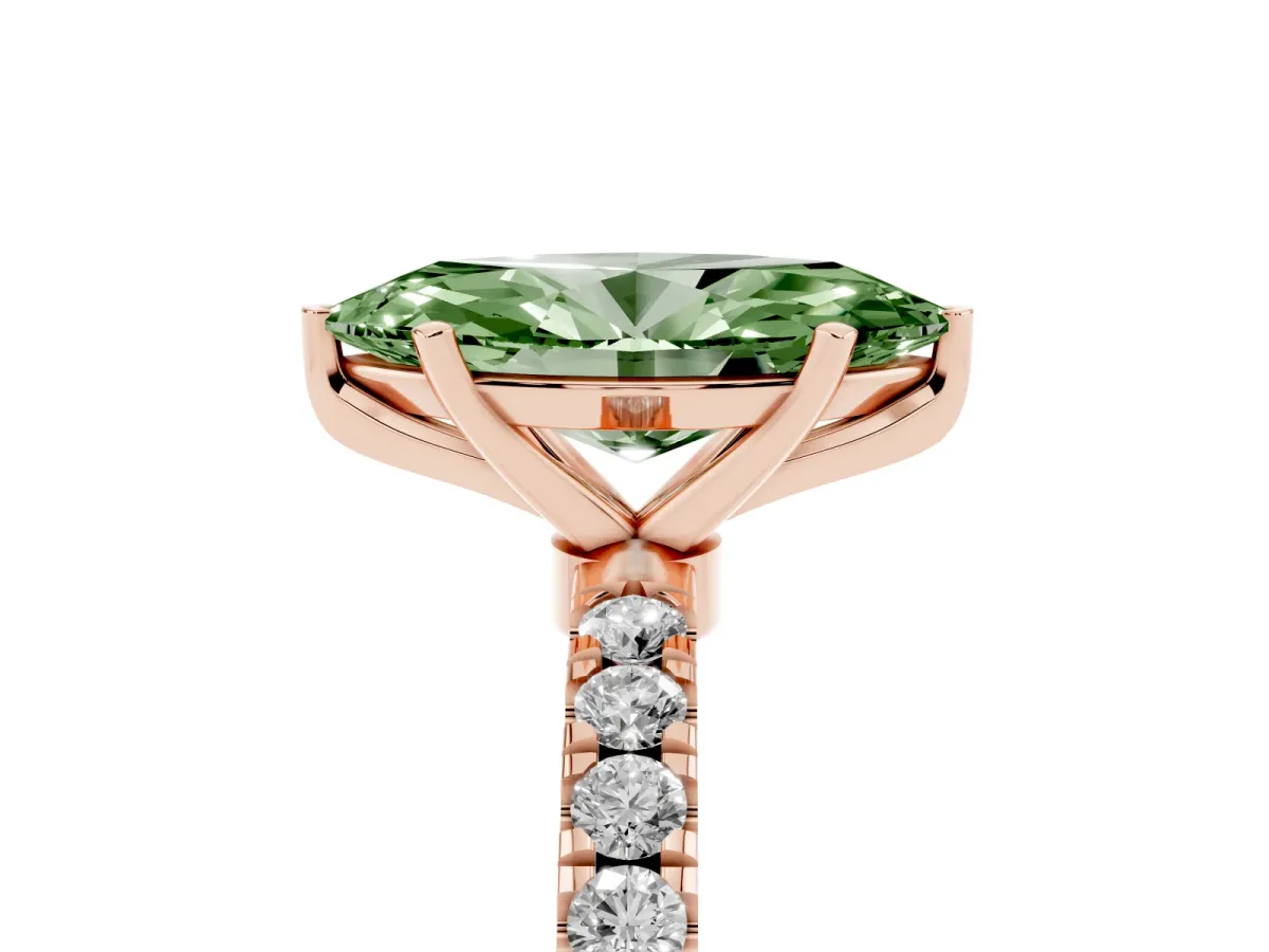 Fancy Green Marquise Cut Diamond Solitaire Ring with Pavé Accents and Four-Prong Setting Rose gold