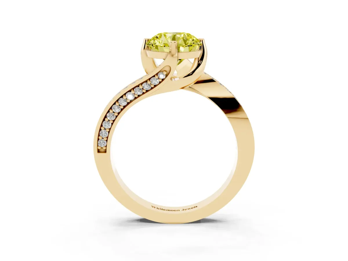 Fancy Yellow Round Cut Solitaire Diamond Twist Band with Pavé Setting and Four-Prong Setting Yellow gold