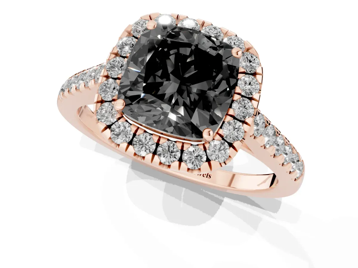 Fancy Black Cushion Cut Halo Pave Diamond Engagement Ring with Four-Prong Setting Rose gold