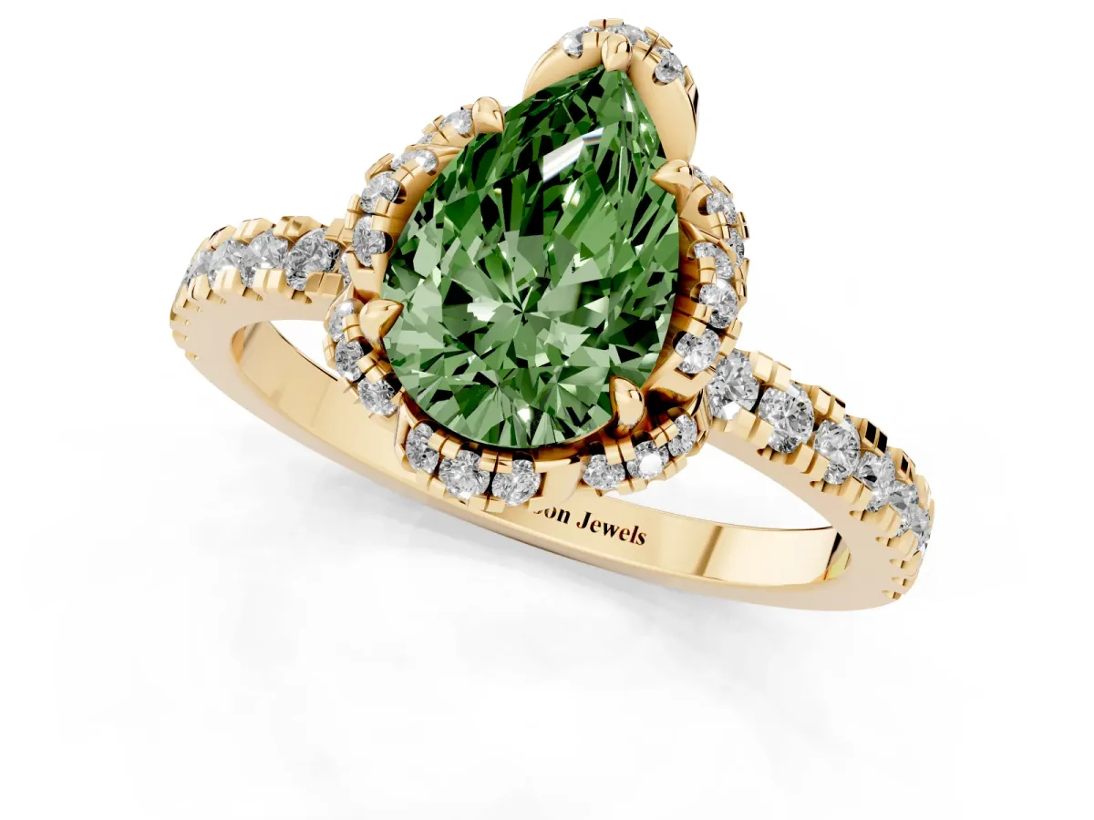 Fancy Green Pear Cut Halo Diamond Pave Band Ring with Four-Prong Setting Yellow gold