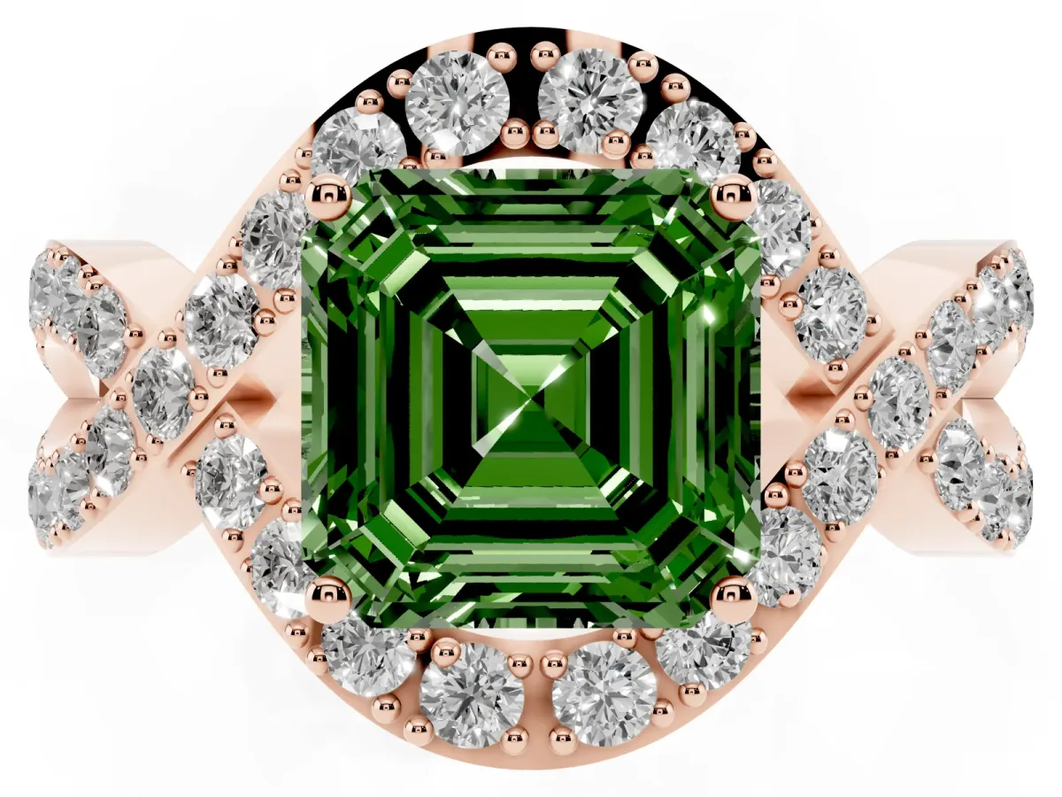 Fancy Green Asscher Cut Solitaire Twist Band Pavé Diamond Engagement Ring Rose gold