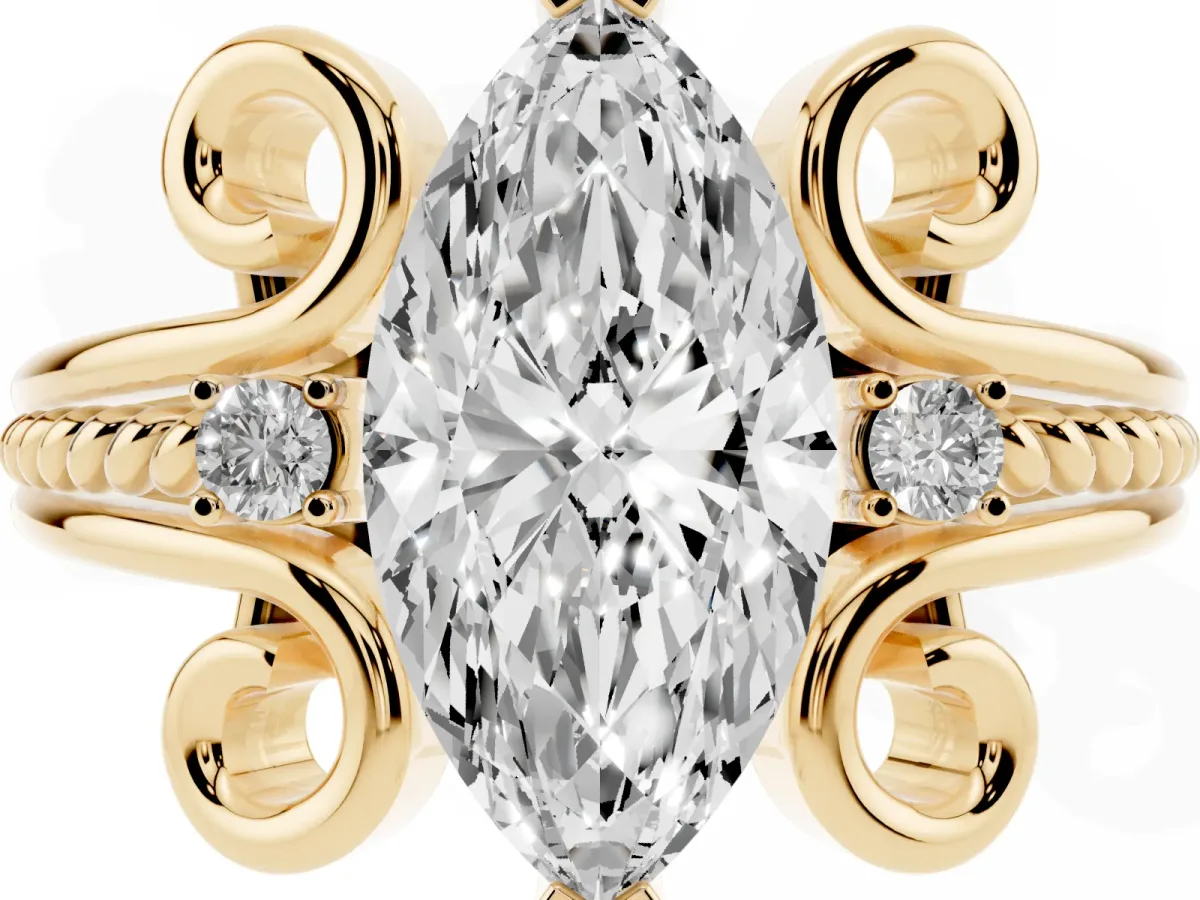 Marquise Cut Solitaire Twisted Band Scroll Prong Ring Yellow gold