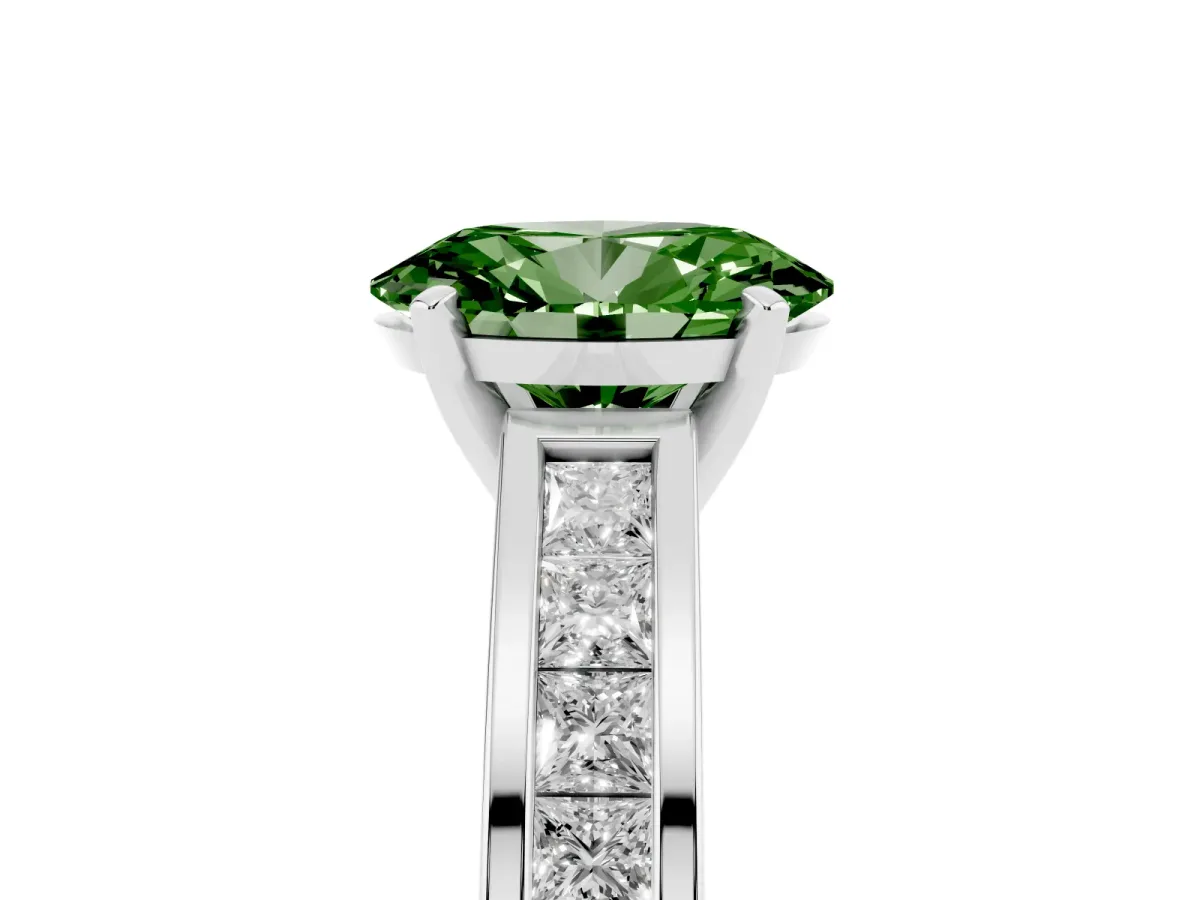Fancy Green Oval Cut Solitaire Diamond Ring with Channel-Set Band and Four-Prong Setting Silver