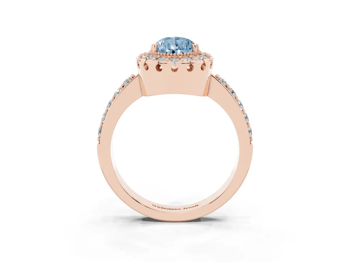 Fancy Blue Pear Cut Diamond Halo Ring with Pavé Band and Prong Setting Rose gold
