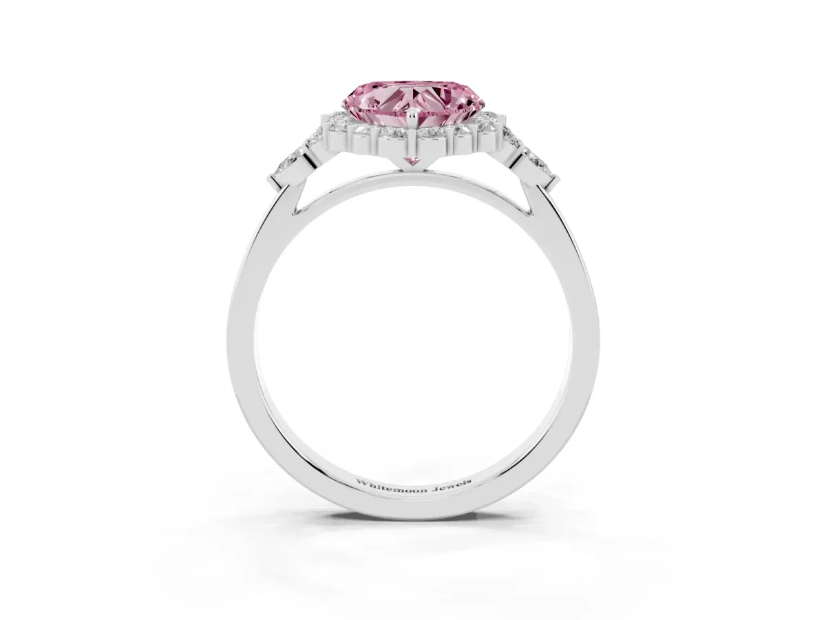 Fancy Pink Heart Cut Diamond Halo Ring with Pear Side Stones and Prong Setting Silver