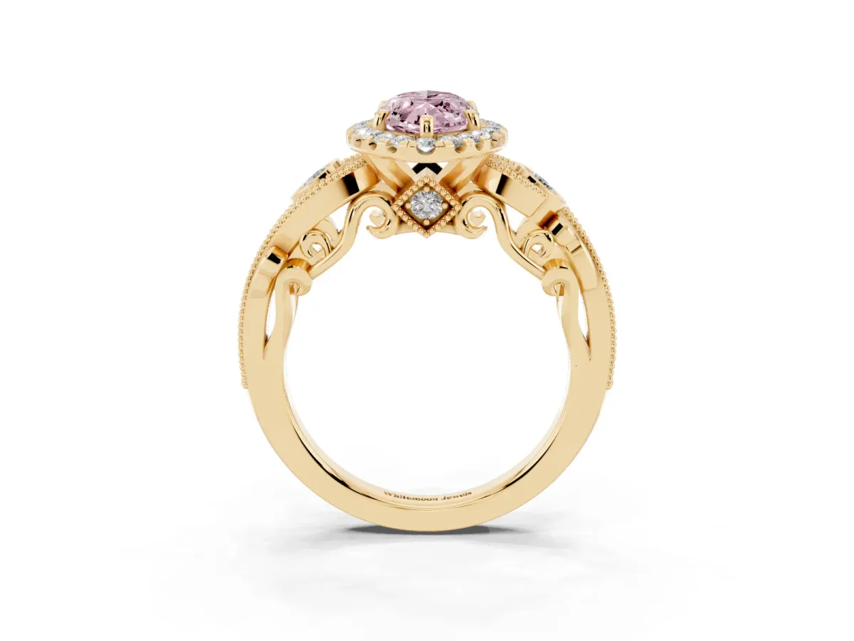 Fancy Pink Marquise Cut Halo Diamond Ring with Milgrain and Bezel Accents on a Split Shank Band Yellow gold