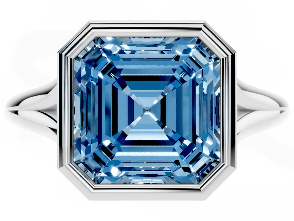 Fancy Blue Bezel Set Asscher Cut Cut Solitaire Ring with Tapered Band Silver