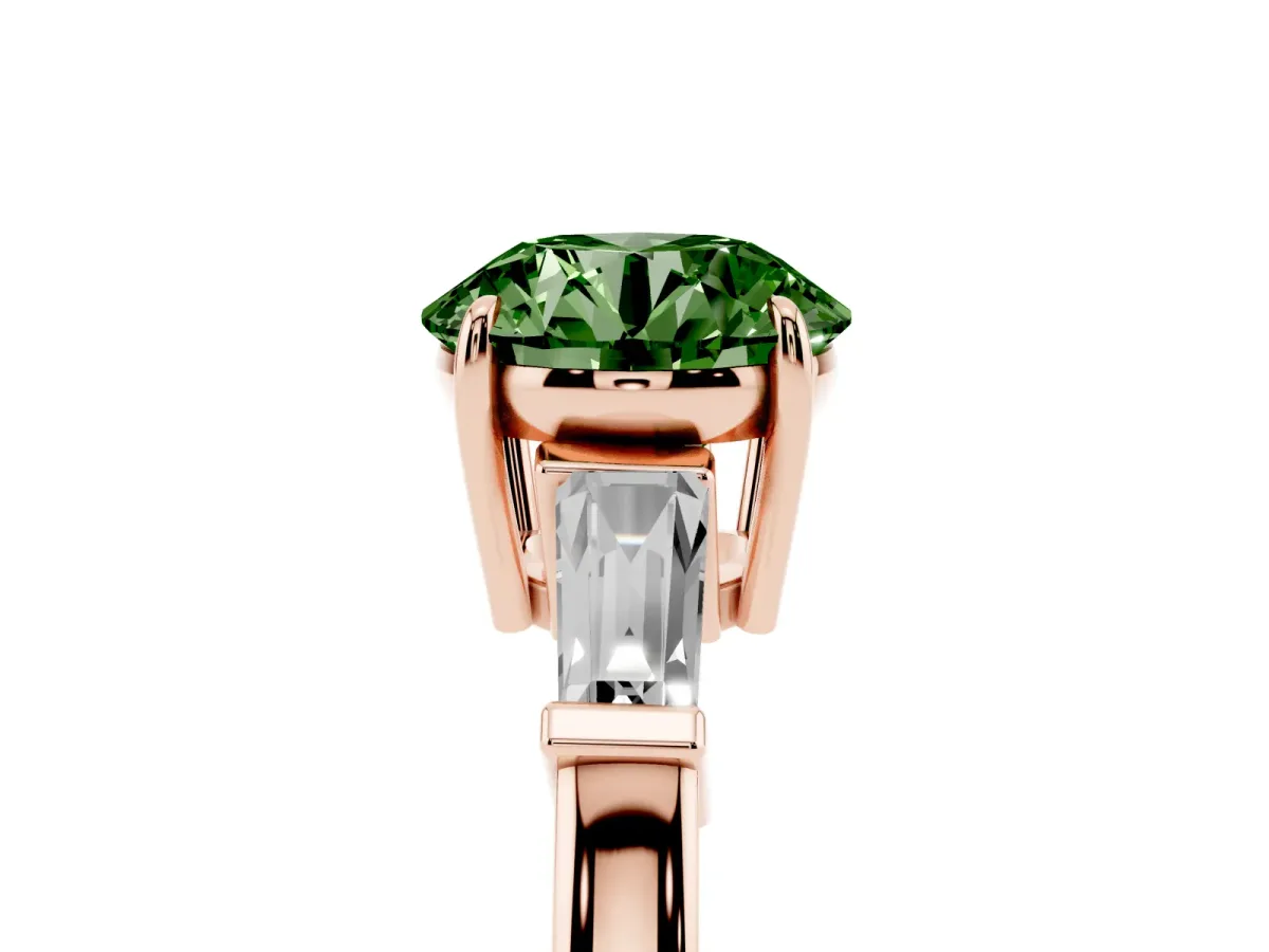 Fancy Green Round Cut Diamond Three-Stone Ring with Tapered Baguette Side Stones and Prong Setting Rose gold