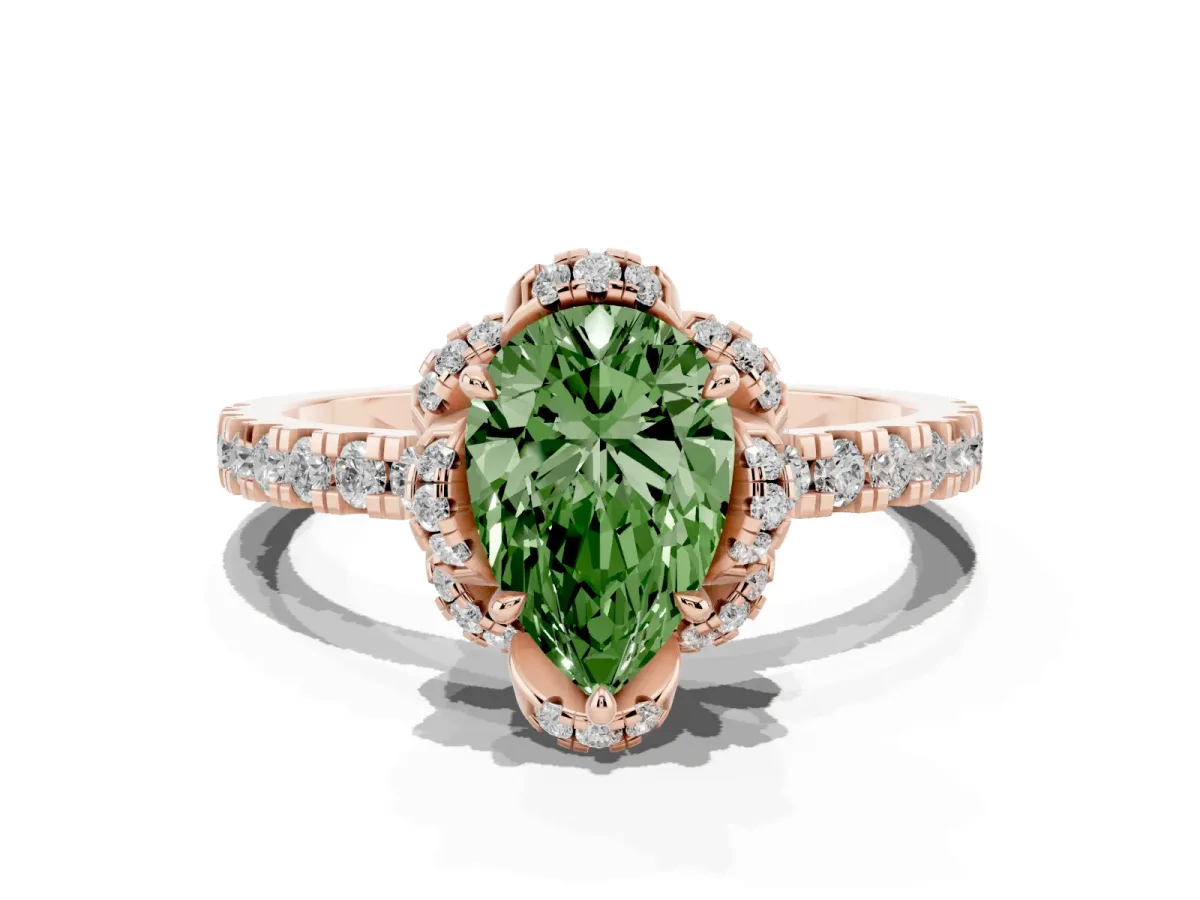 Fancy Green Pear Cut Diamond Halo Pave Band with Four-Prong Setting Rose gold