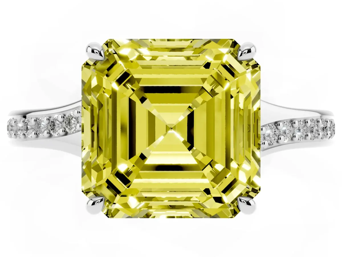 Fancy Yellow Asscher Cut Diamond Solitaire Ring with Pavé Band and Prong Setting Silver