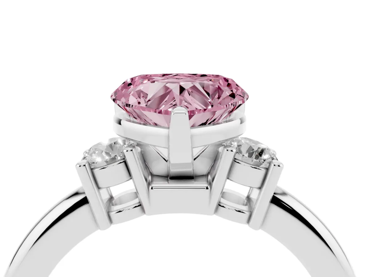 Fancy Pink Three-Stone Heart Cut Cut Diamond Solitaire with Prong Setting and Classic Band Silver