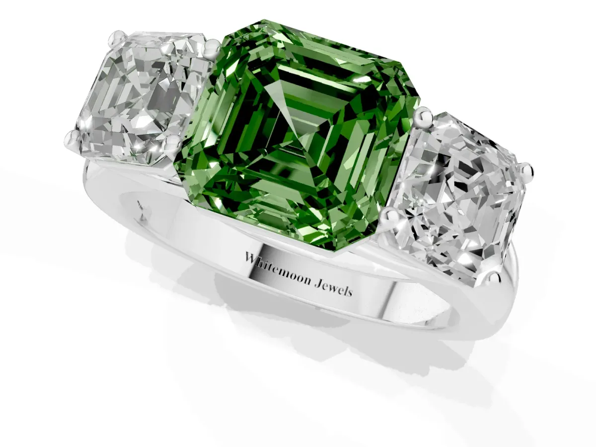 Fancy Green Asscher Cut Three-Stone Diamond Ring with Prong Setting on a Classic Band Platinum