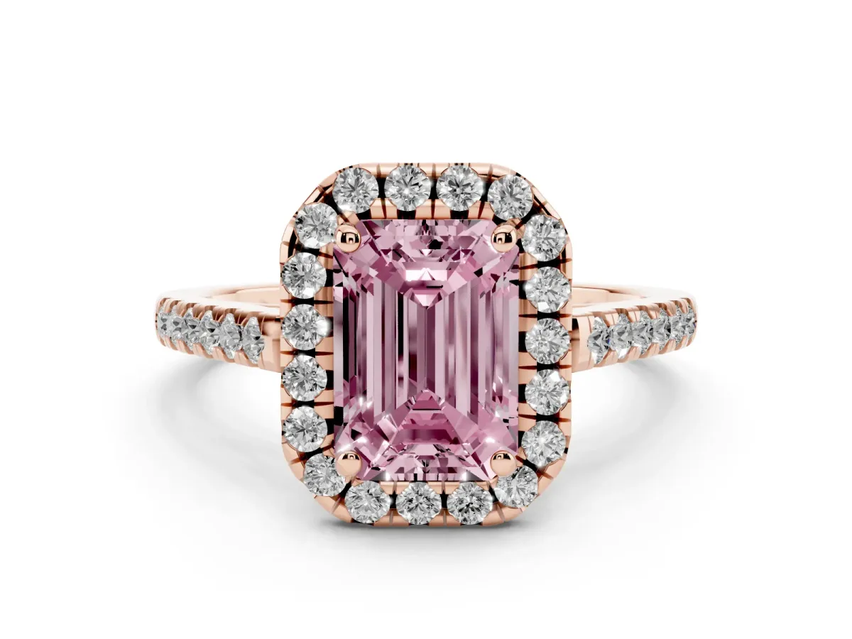 Fancy Pink Emerald Cut Halo Pavé Diamond Engagement Ring with Four-Prong Setting Rose gold