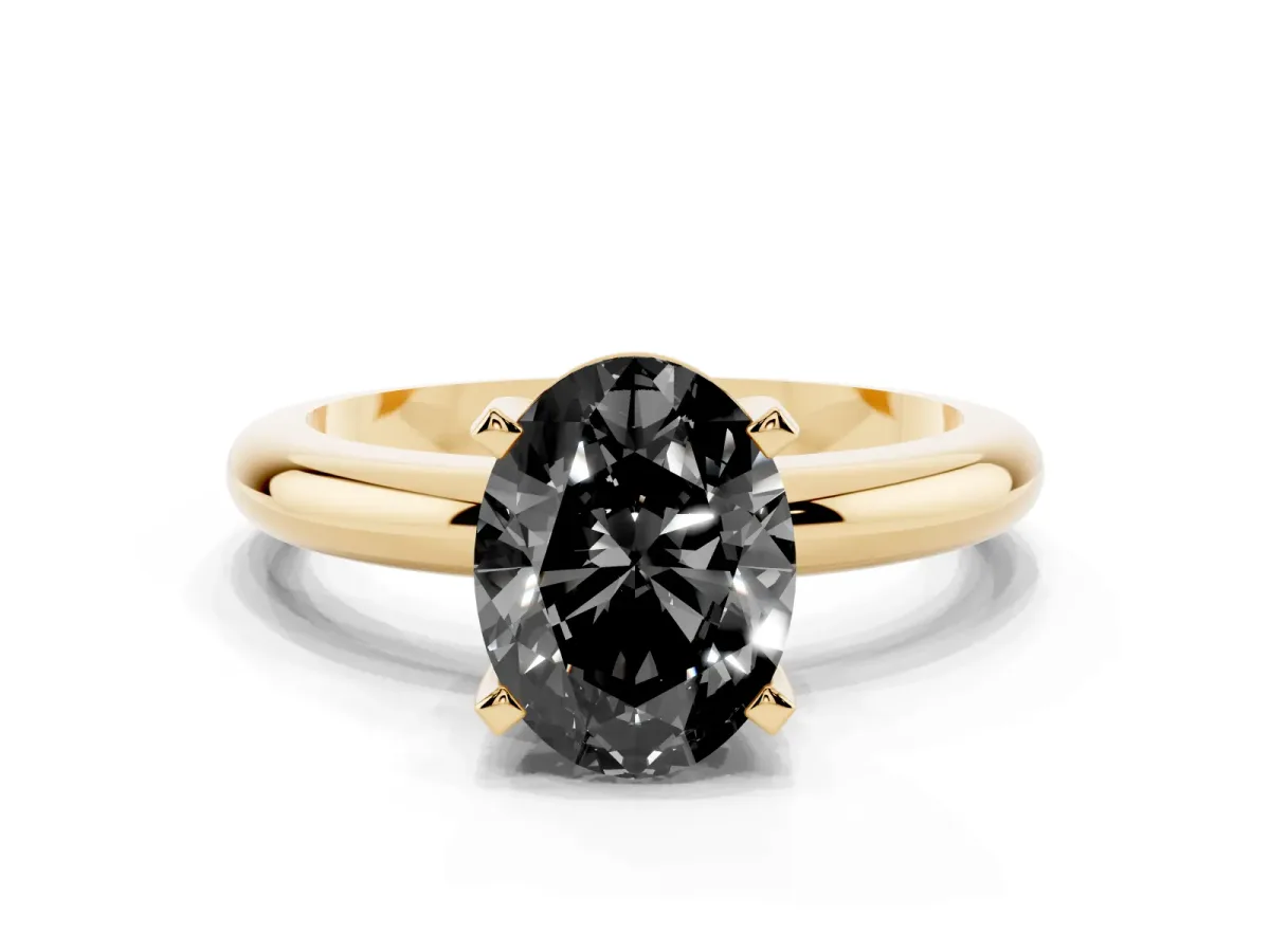 Fancy Black Oval Cut Diamond Solitaire Engagement Ring with Round Band and Four-Prong Setting Yellow gold