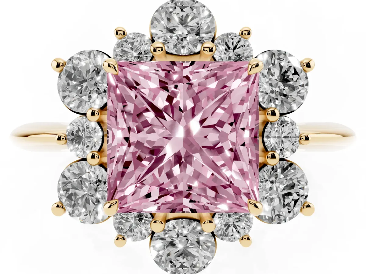 Fancy Pink Princess Cut Diamond Cluster Halo Ring with Solitaire Band and Four-Prong Setting Yellow gold