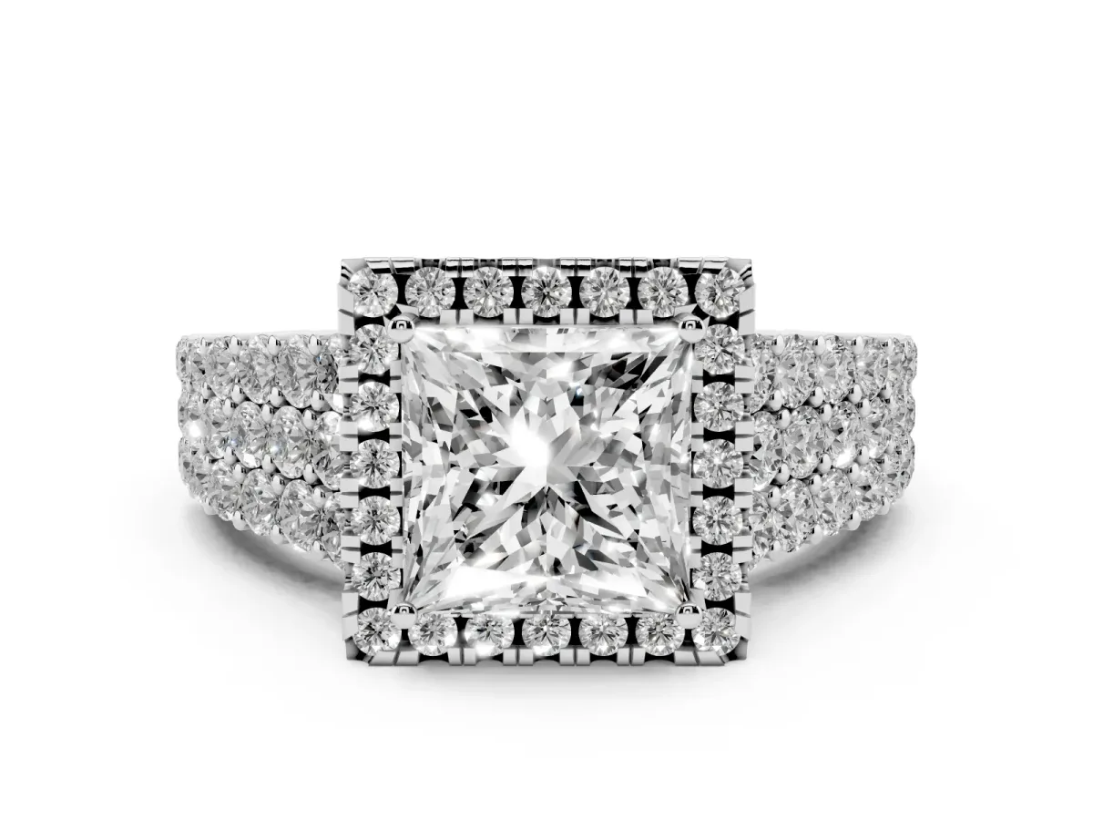 Princess Cut Diamond Halo Engagement Ring with Triple Row Round Pavé Band and Prong Setting White gold
