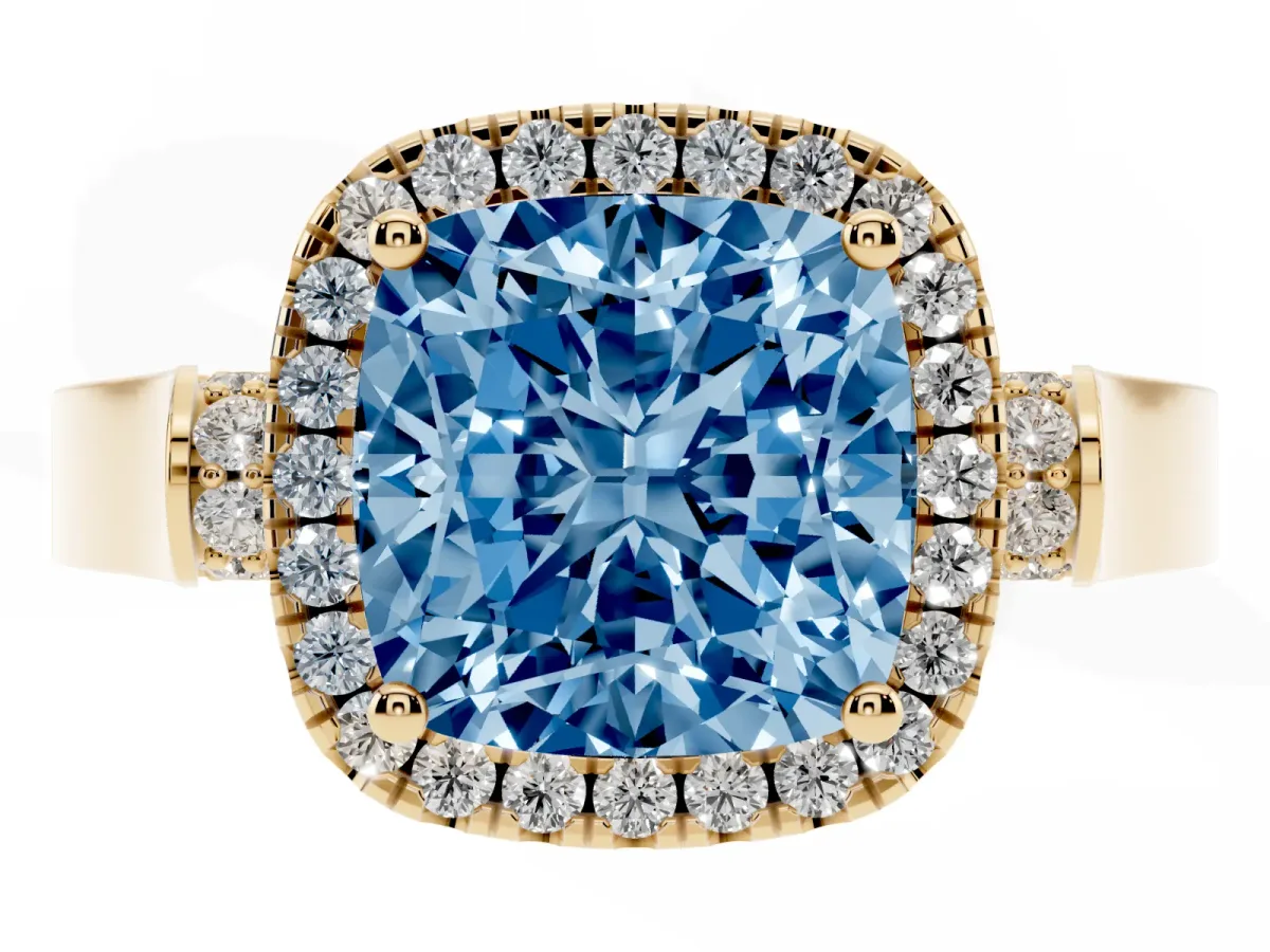 Fancy Blue Cushion Cut Halo Pave Split Shank Prong Setting Ring Yellow gold